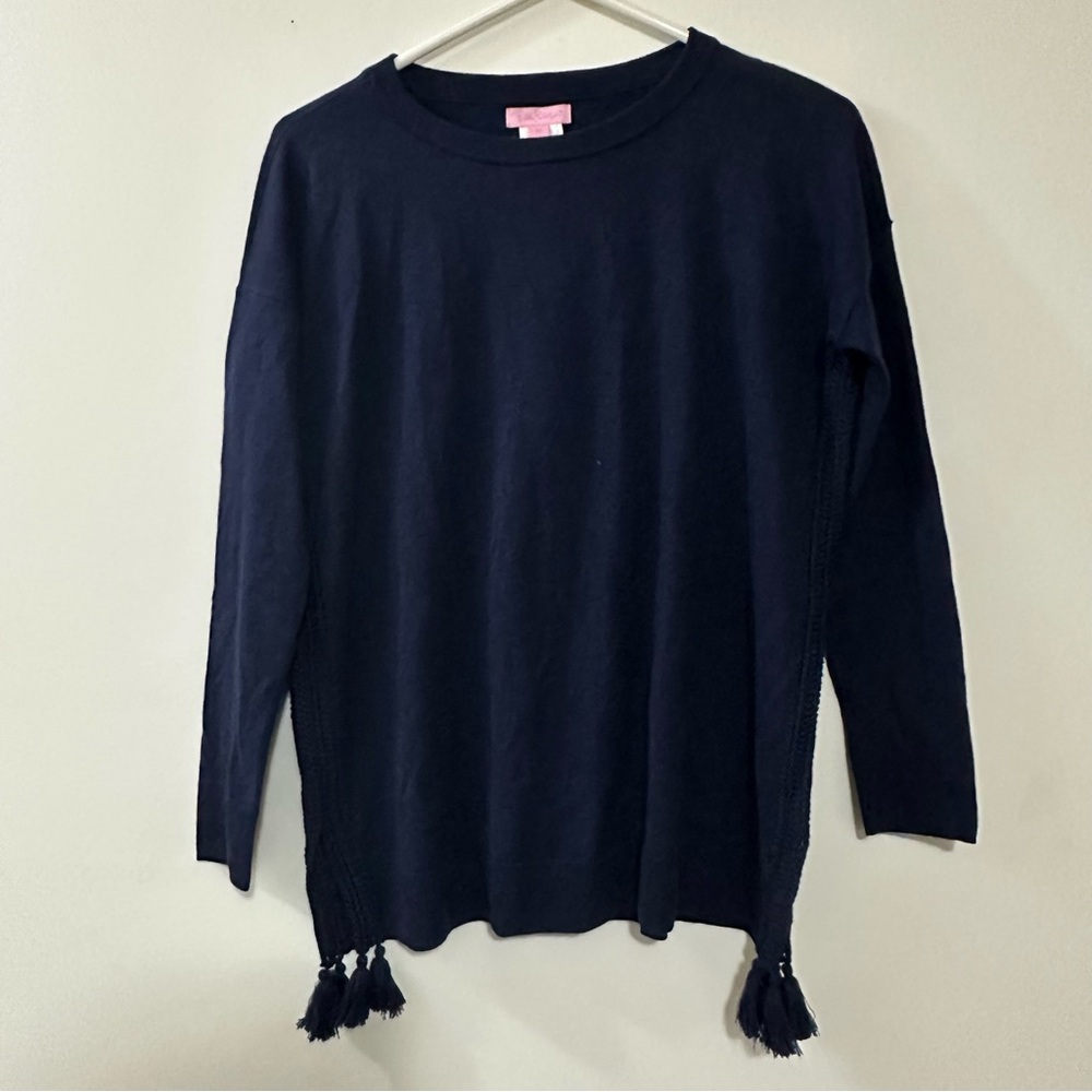 Lilly Pulitzer Damara Tassel‎ Lightweight Crewneck Sweater Navy Blue Womens XS